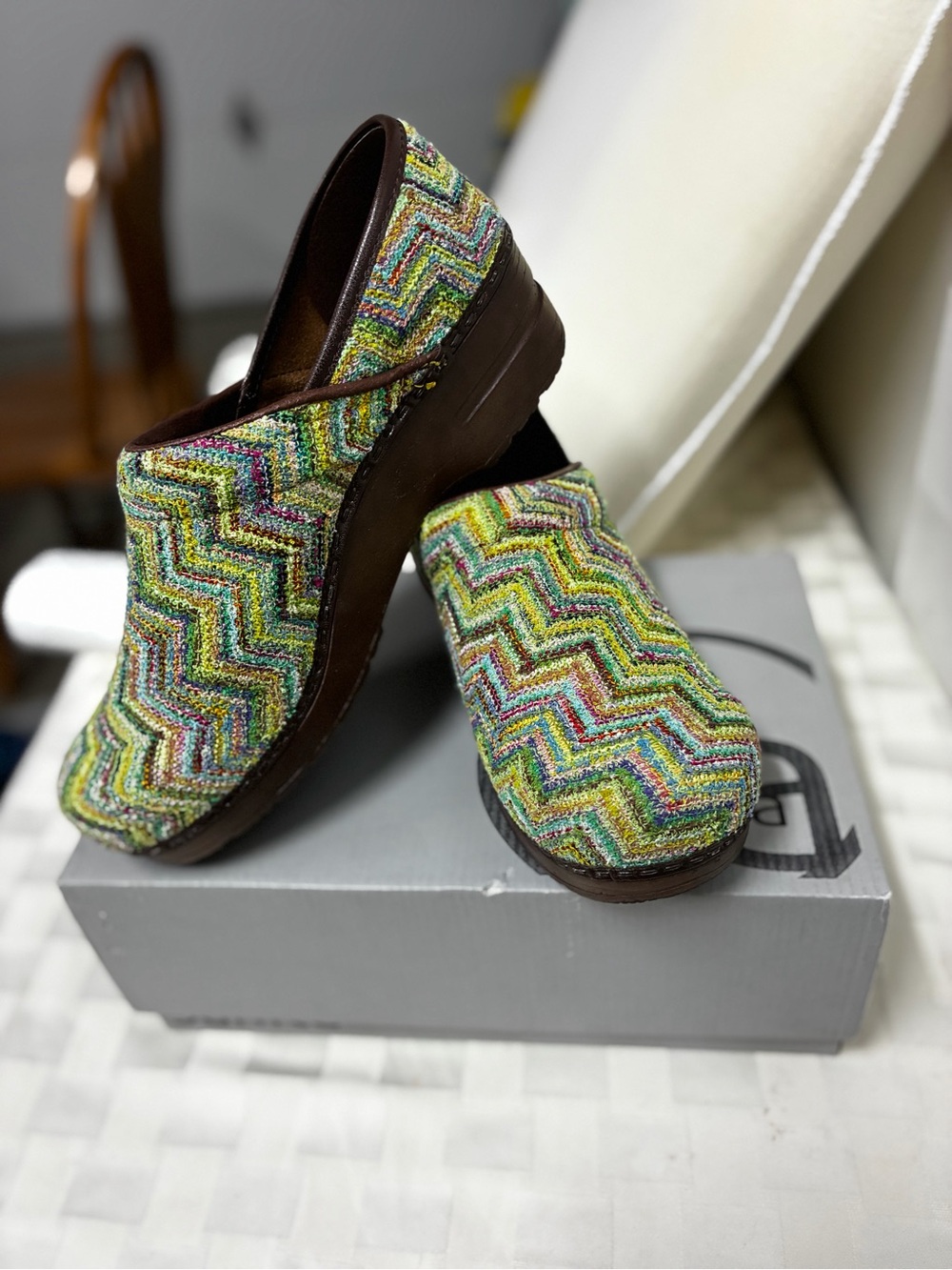 Sanita Multicolor Chevron Knit Clogs with Brown Sole